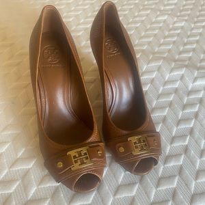 Tory Burch Leather Peeptoe Wedges. EUC